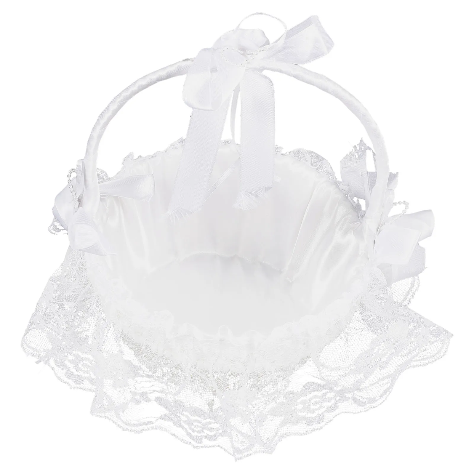 

1 Bamboo Woven Wedding Flower Basket White Lace Elegant Holding Flowers Wedding Ceremony Supplies Round Storage Basket
