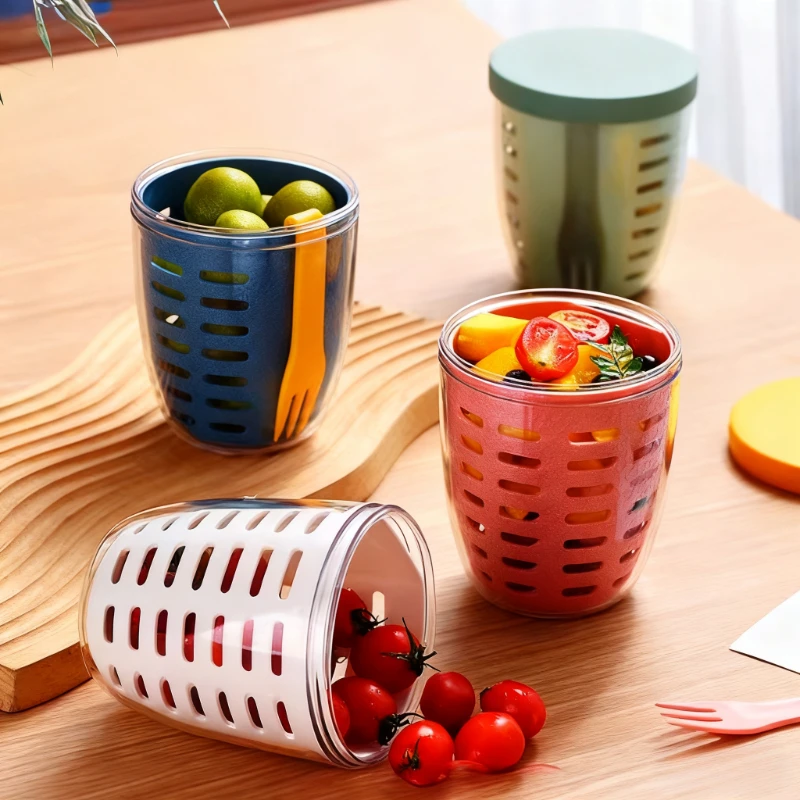 

Сливной стаканчик для салата с вилкой, портативный универсальный контейнер для фруктов, герметичная банка для пикника и путешествий, органайзер для хранения мух