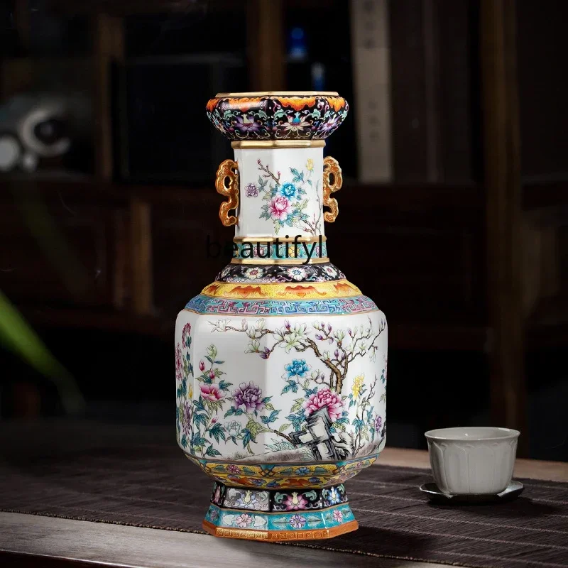 zxJingdezhen Ceramics Vase Enamel Binaural Porcelain Bottle Light Luxury High-End Home Living Room Decoration Ornaments