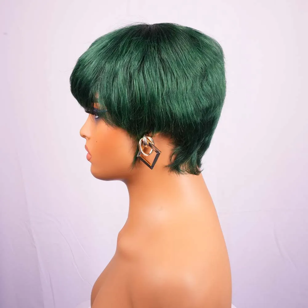 شعر مستعار بقص عابث مع غرة، شعر بشري ريمي قصير مستقيم، شعر مستعار أخضر للنساء، شعر مستعار بأسعار معقولة