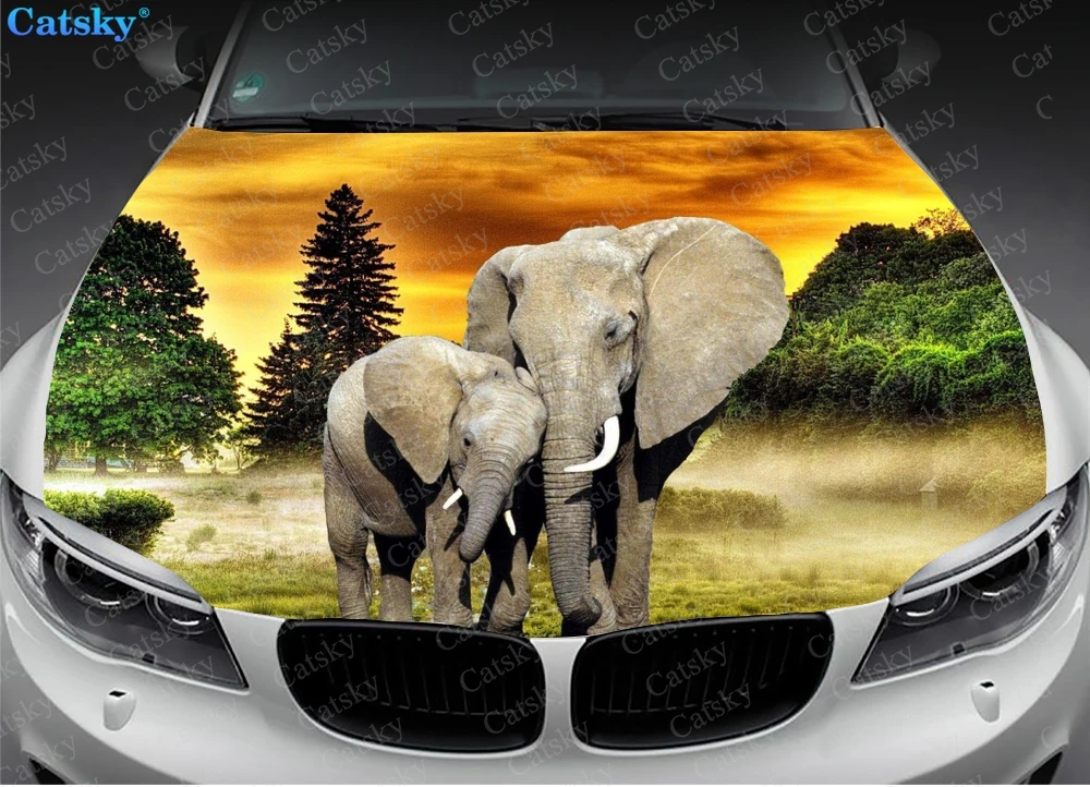 African Elephants Sunset Print Car Hood Vinyl Stickers Wrap Film Engine Decals Universal Auto Accessories Hood Protective Cover