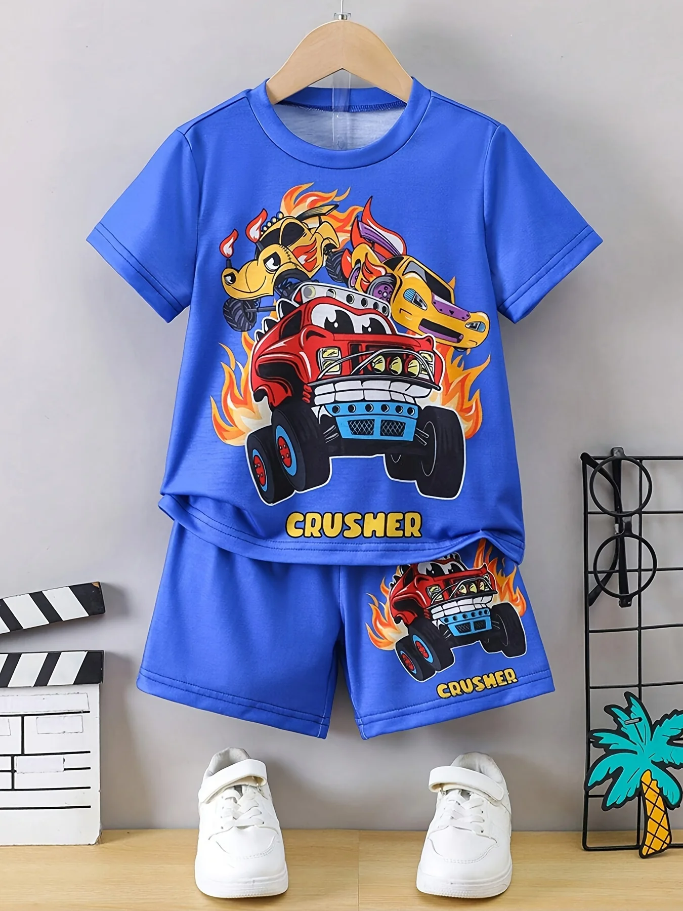 

Boys' 2-piece Racing Car Cool Fashion Casual Loungewear Pajama Set, Cozy Short Sleeve Shirt and Shorts Outfit for Kids