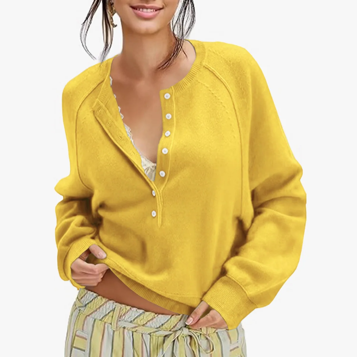 

Women's Autumn and Winter Women's Casual Crew Neck Sweater Henry Shirt Button-Knitted Pullover