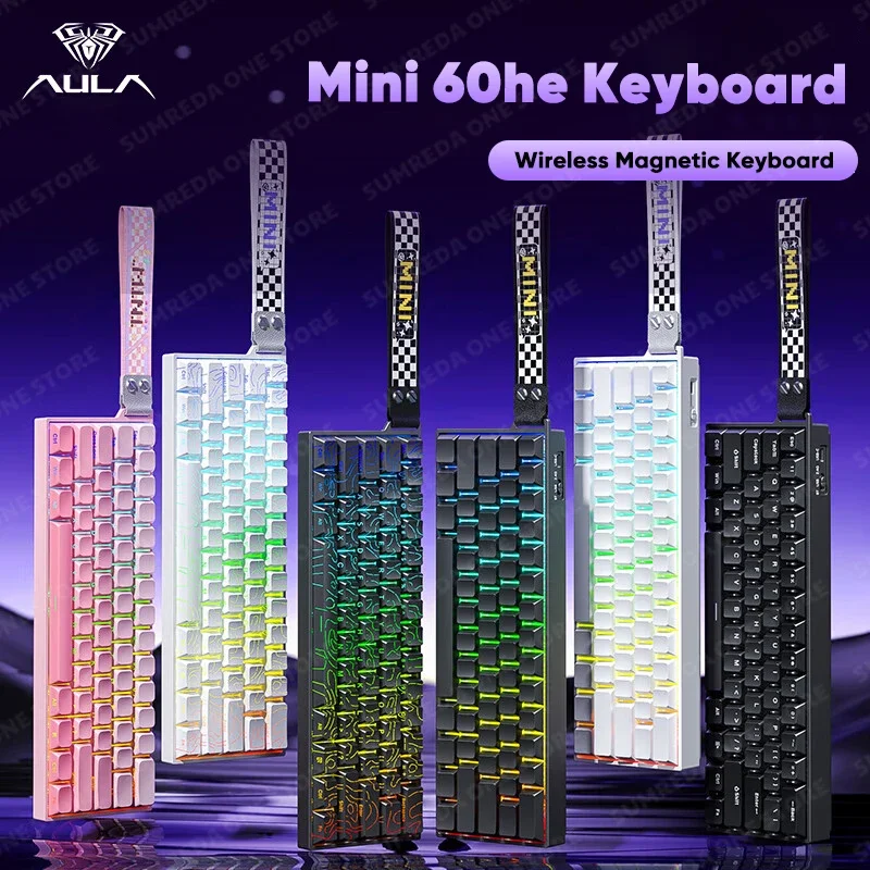 

Aula Mini 60he Pro Max Беспроводная магнитная механическая клавиатура 61 клавиша Игровая 0,01 мм 8K Returns Bluetooth 2,4G Проводная игровая клавиатура
