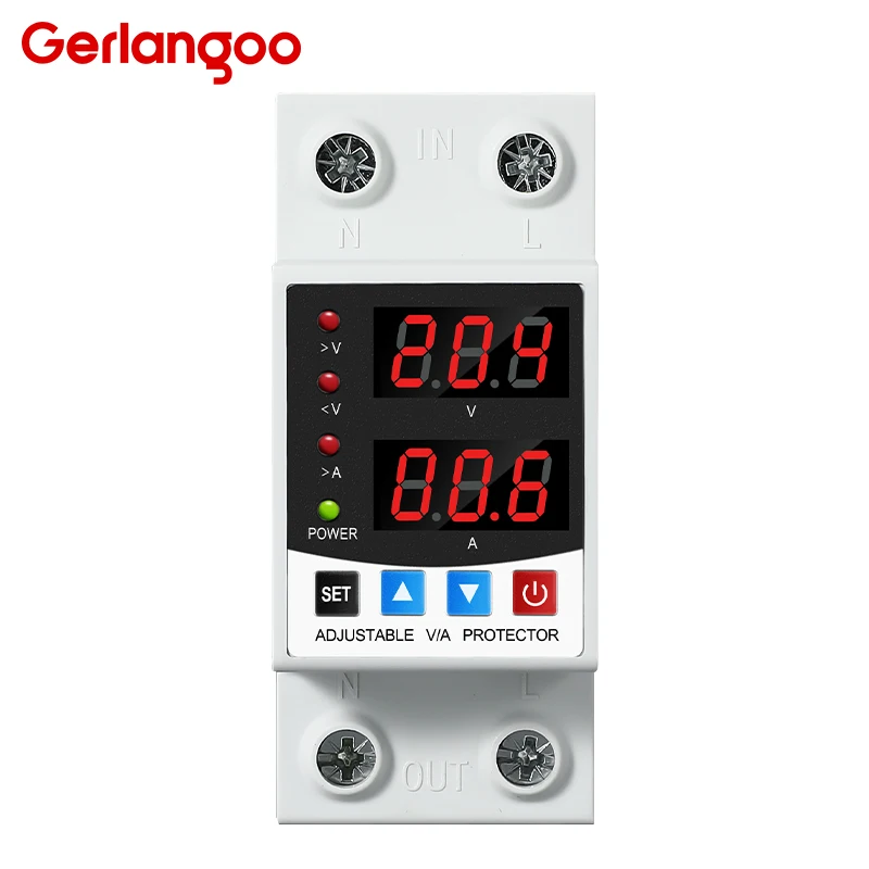 Dual Display 40A 63A 230V Din Rail Adjustable Digital Over Under Voltage Relay Surge Protector Limit Over Current Protection