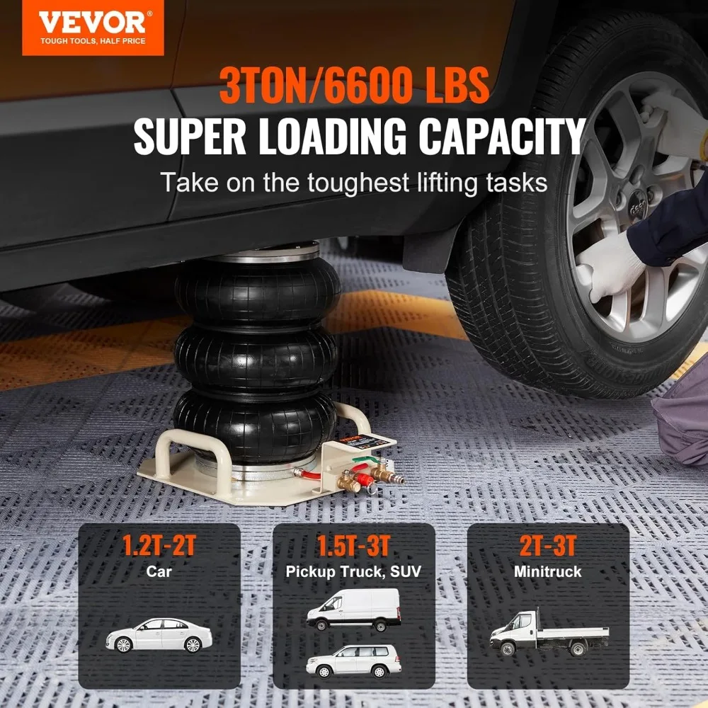 3 Ton Triple Bag Air Jack, 6600 lbs Capacity, Fast 5-Second Lifting, 17.7 Inch Height for Car Repair and Garage Use