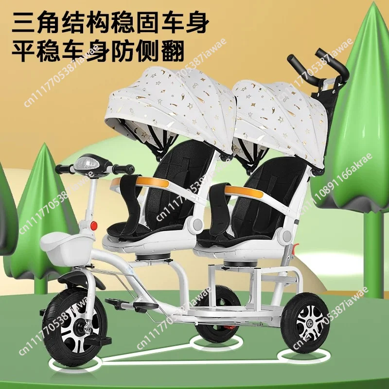 Foldable Double Kids Tricycle, 2-Seater Baby Pedal Trike with Push Handle, Twin Toddler Stroller & Riding Toy
