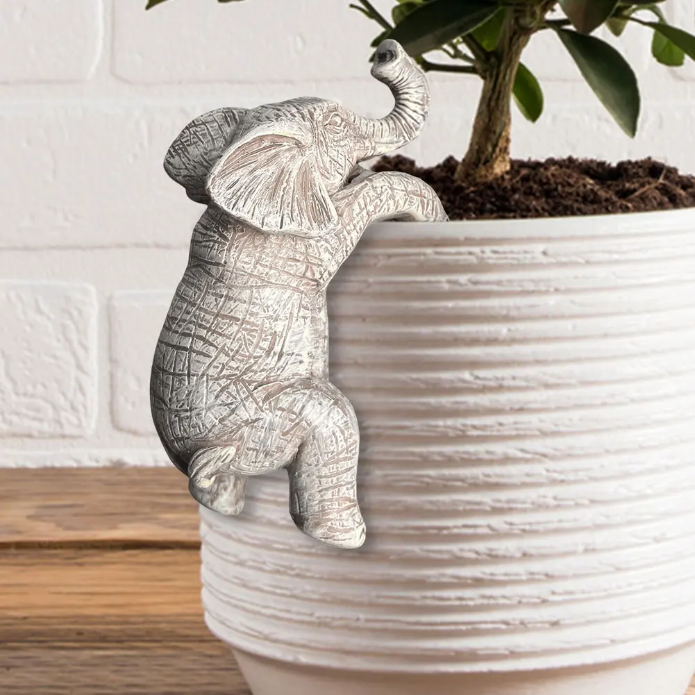 Elephant Flower Pot Hugger Resin Cute Climbing Elephant Figurines Creative Cute Elephant Ornaments for Balcony Patio Lawn Yard