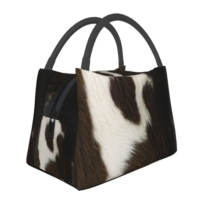 

Cowhide Decor Pattern Portable Lunch Box Multifunction Faux Fur Modern Cowhide Texture Thermal Cooler Food Insulated Lunch Bag