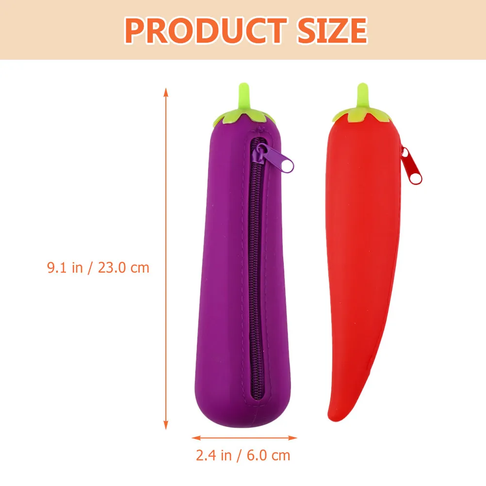 2Pcs Eggplant Pepper Silicone Pencil Pouch Cartoon Zipper Pen Bag Washable Wear-Resistant Student Gift Stationery Holder