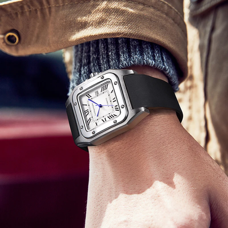 ساعة ميكانيكية للرجال من سلسلة تانك على الطراز الأوروبي والأمريكي، لف تلقائي، تصميم هيكل عظمي، حزام سيليكون، ساعة رجالية كاجوال عصرية متعددة الاستخدامات، الاختيار الأول لتقديم الهدايا، ساعة يد ذات علامة تجارية مشهورة