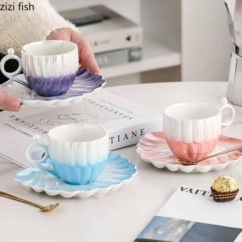 Shell Shaped Coffee Cup and Saucer Set Couple Water Cup Milk Tea Cups Milk Mugs Breakfast Cups Coffee Mugs Drinkware tea mug