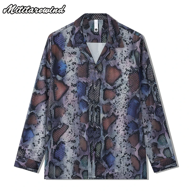 Spring Summer Retro Long Sleeve Men Shirts Cuban Collar Snakeskin Pattern Casual Fashion Hawaiian Shirt Male Holiday Beach Wear