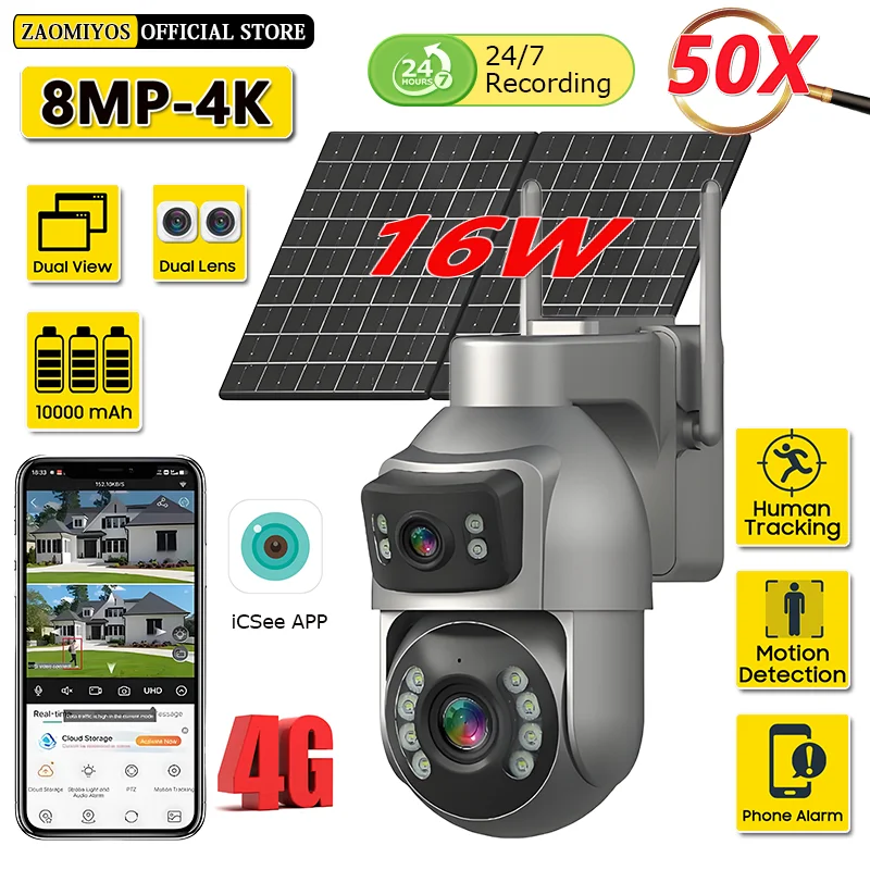 

8MP 4K Solar Camera 4g Sim Card AOV 24/7 Recording Dual Lens Outdoor Surveillance Auto Tracking PTZ Security CCTV IP ICSee Cams