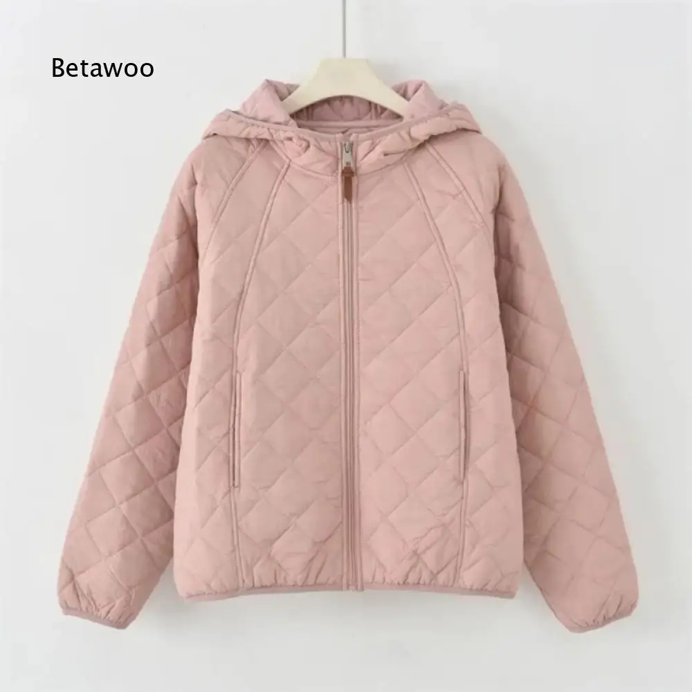 Full Zip Hooded Light Quilted Coat Diamond Stitch Side Pockets Outerwear For Women Daily Casual Matches And Weekend Outings