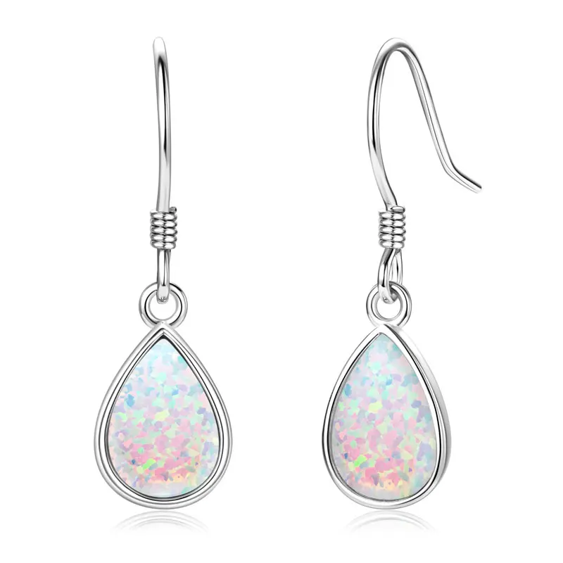 

925 Sterling Silver Ladies Drop Hook Earrings 6x9mm Pear Shape Bezel Set White Opal Earring for Women Fashion Gemstone Gift