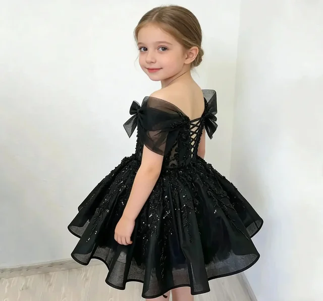 Luxurious Black Flower Girl Dress For Wedding Shiny Sequins Off Shoulder With Bow Little Princess Pageant Host Birthday Gown 2