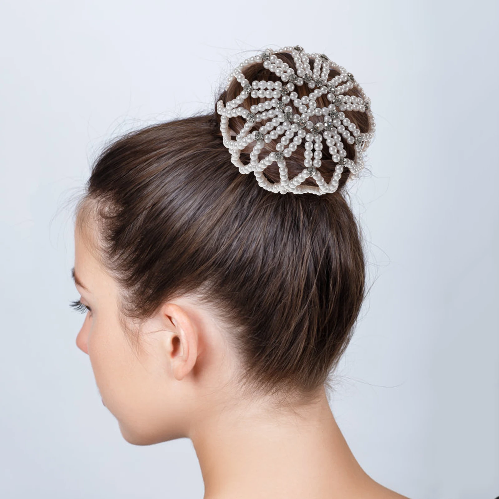 

Elastic Hair Net Pearl Bun Cover Rhinestone Beaded Scrunchies Women Hair Accessories Dancing Gymnastics Sports Heat Protection