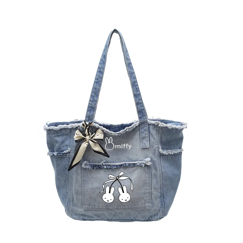 

Miffy Color Washed Denim Tote Bag Cartoon Kawaii Miffy Rabbit Large Capacity Commuter Shoulder Bag Ladies Handbag