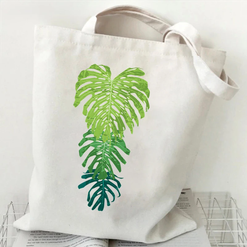 Monstera Plant Print Women Canvas Shopping Bag Casual Large Capacity Shoulder Bag Eco Handbag Tote Reusable Grocery Shopper Bags