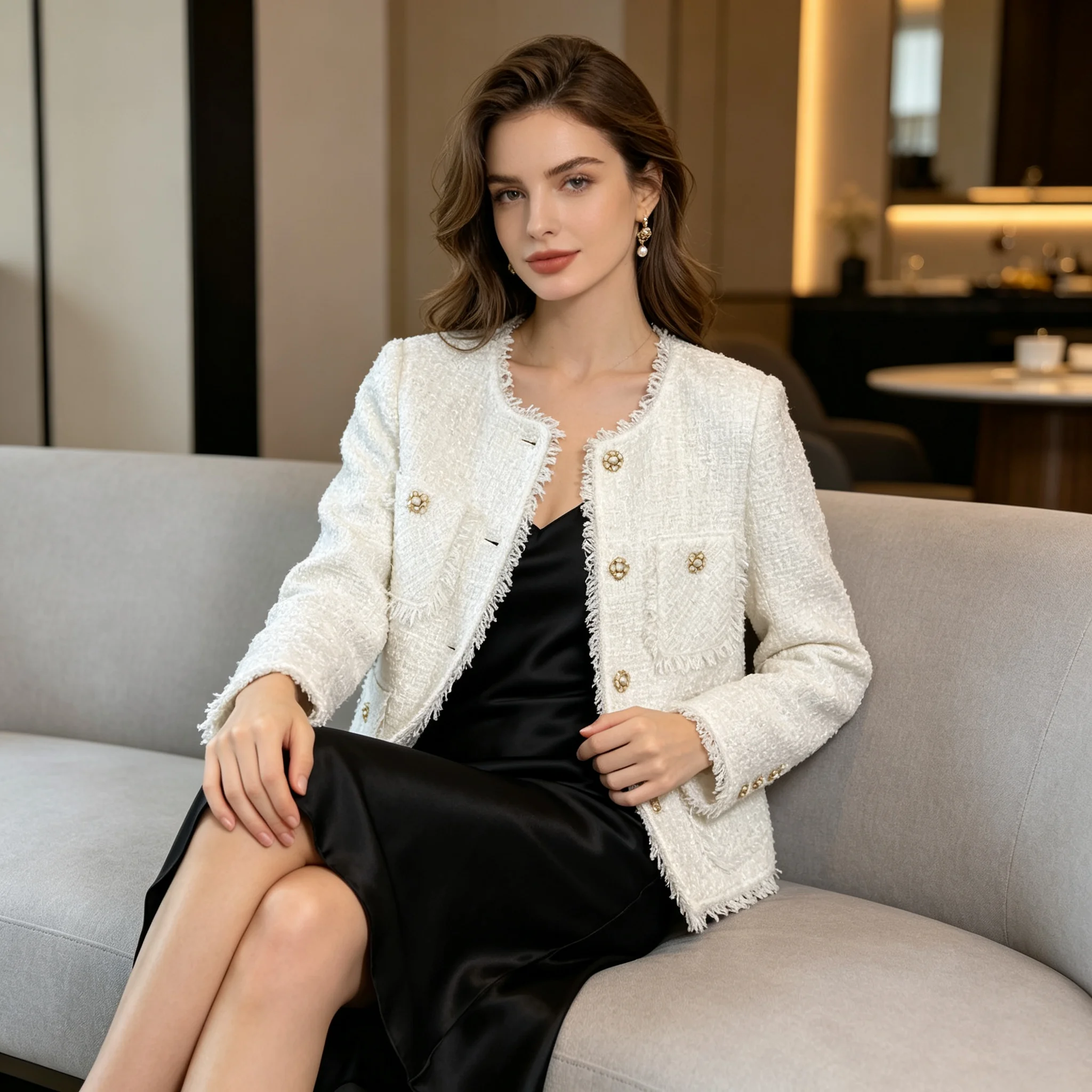 Women Elegant White Tweed Jacket Round Neck Frayed Edge Pearl Button Cropped Long Sleeve Office Short Outerwear