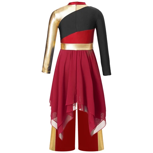 Imagen 2 del producto Traje de baile de alabanza de adoración para niñas, vestido de retazos metálico con dobladillo de gasa de manga larga y pantalones de pierna ancha, disfraz de actuación