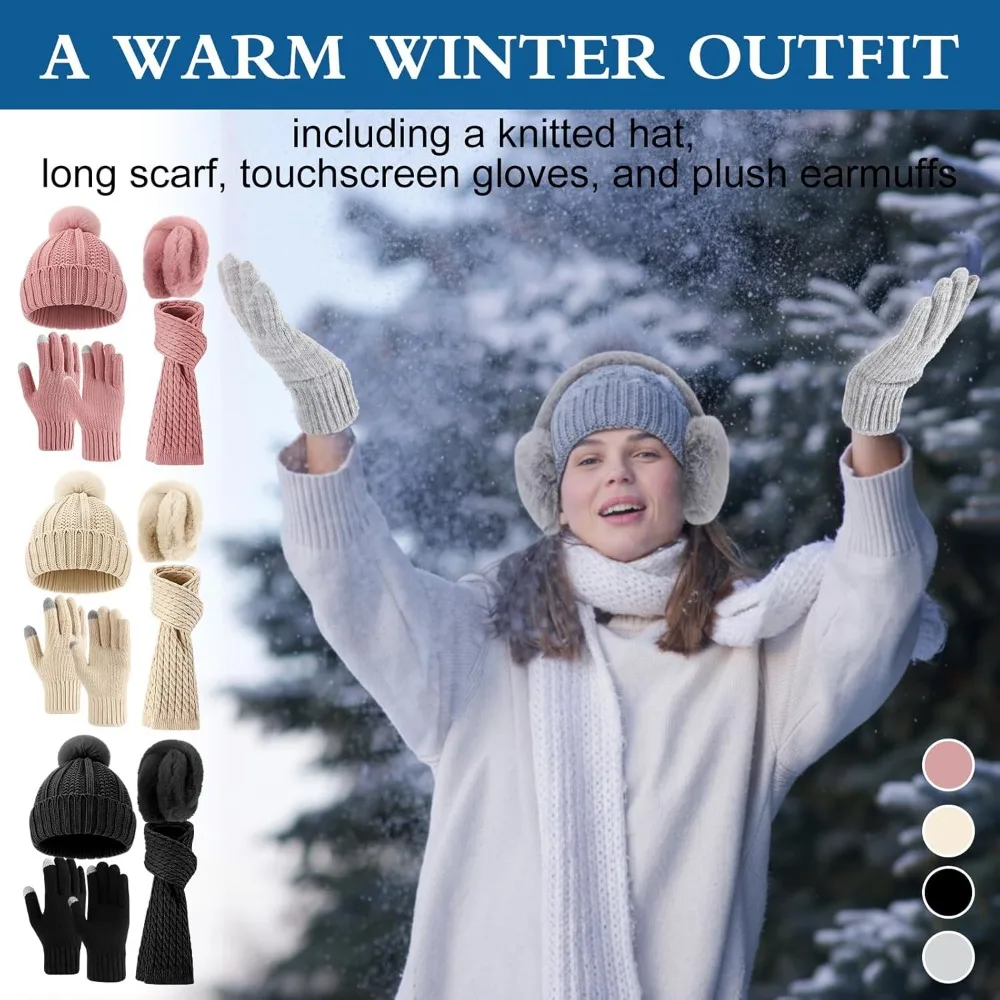 قبعة شتوية، وشاح، قفازات، مجموعة 4 في 1 لتدفئة الأذن للجنسين، ملحقات محبوكة بشاشة تعمل باللمس، مثالية للطقس البارد والخارجي
