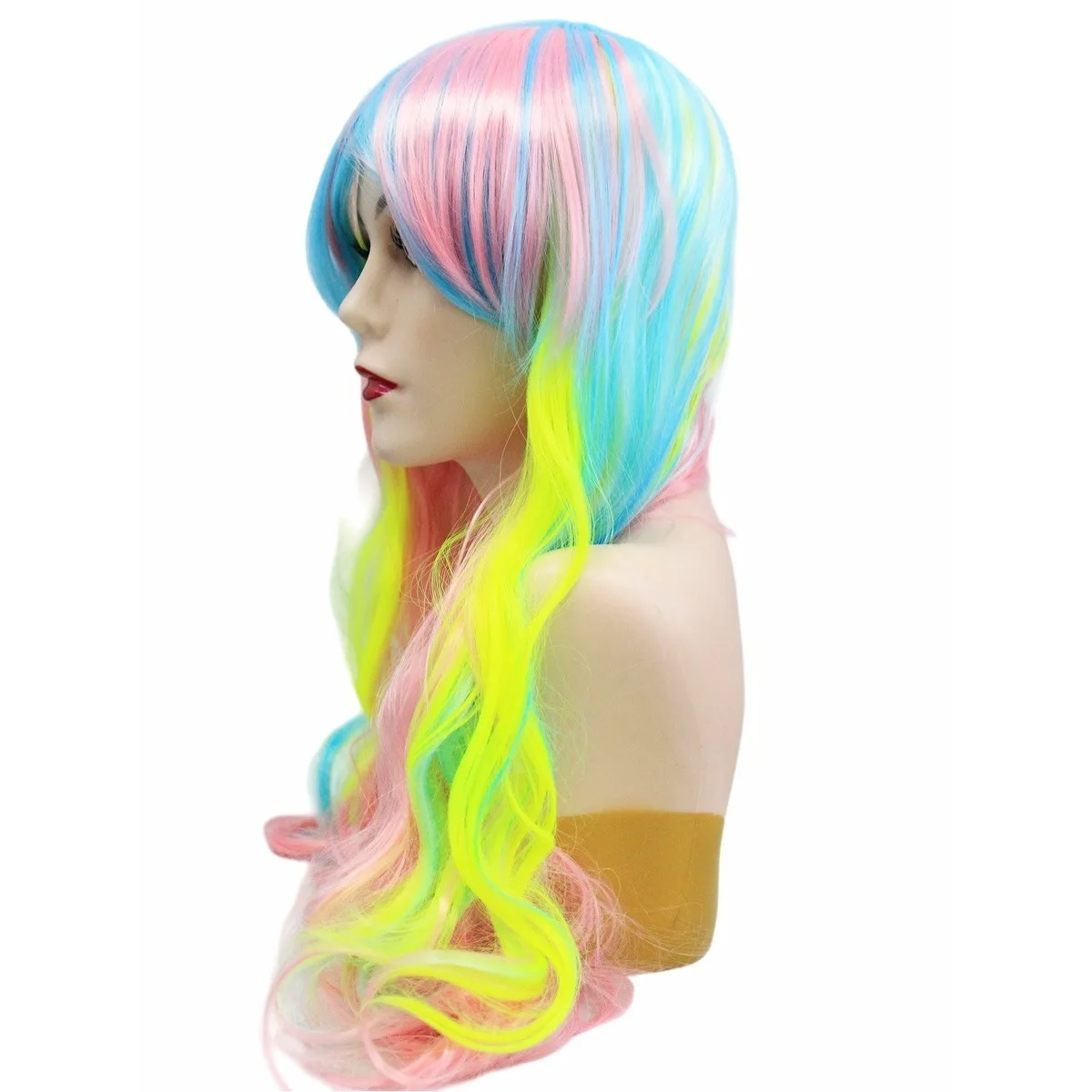 Neon Rainbow Wig – Long Wavy Synthetic Hair, Pink Blue Yellow Stripes for Festival, Cosplay, Rave & Fantasy Costume Looks