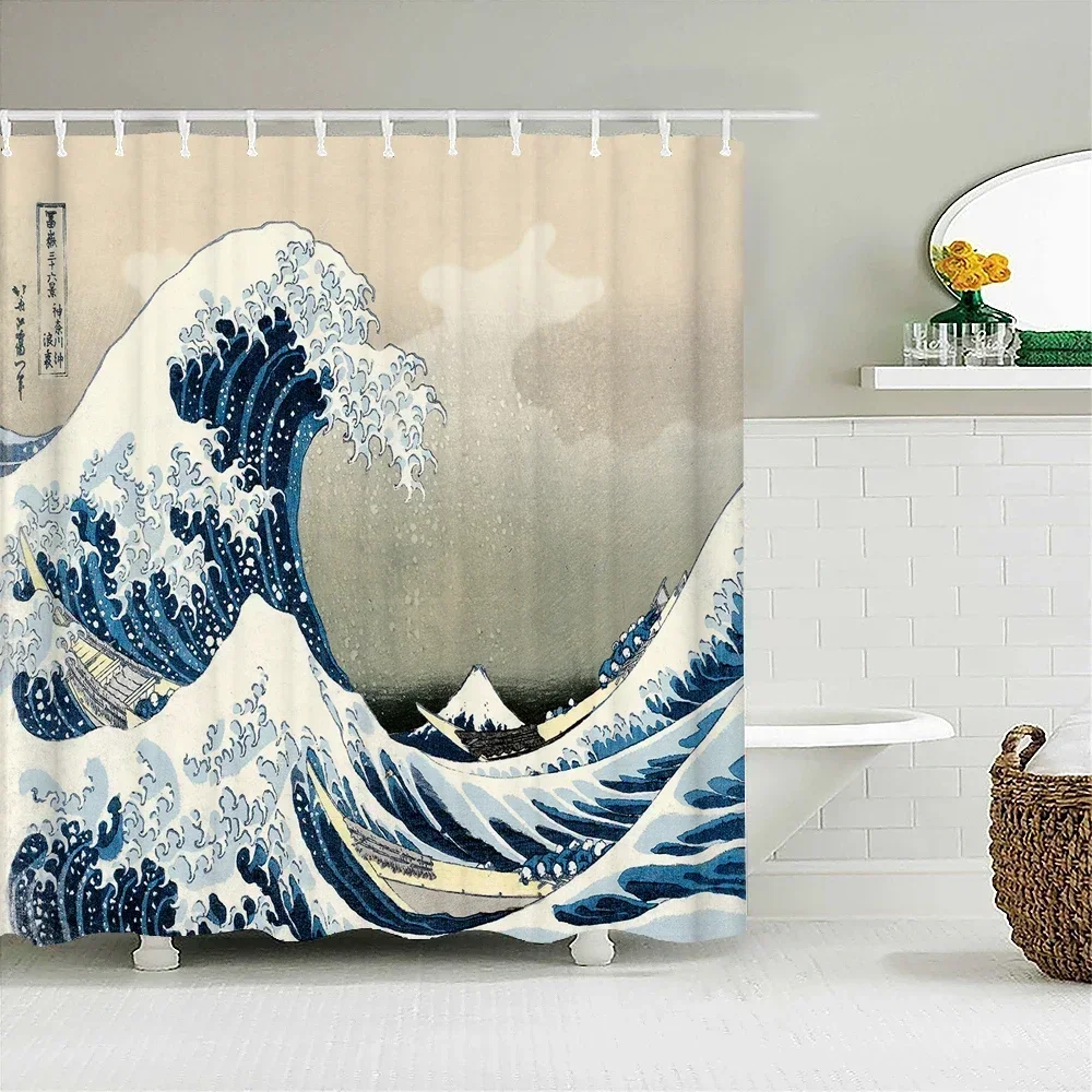 Cortina de chuveiro com estampa de ondas estilo japonês, cortina de chuveiro com ganchos, decoração de casa, banheiro, 180x180cm, tecido de poliéster à prova d'água