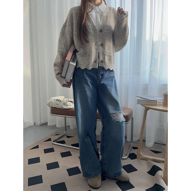 

Casual High Waist Wide Leg Jeans Women's Loose Fit Torn Denim Pants Island25 Autumn Collection Selfwill Brand Blue Jeans
