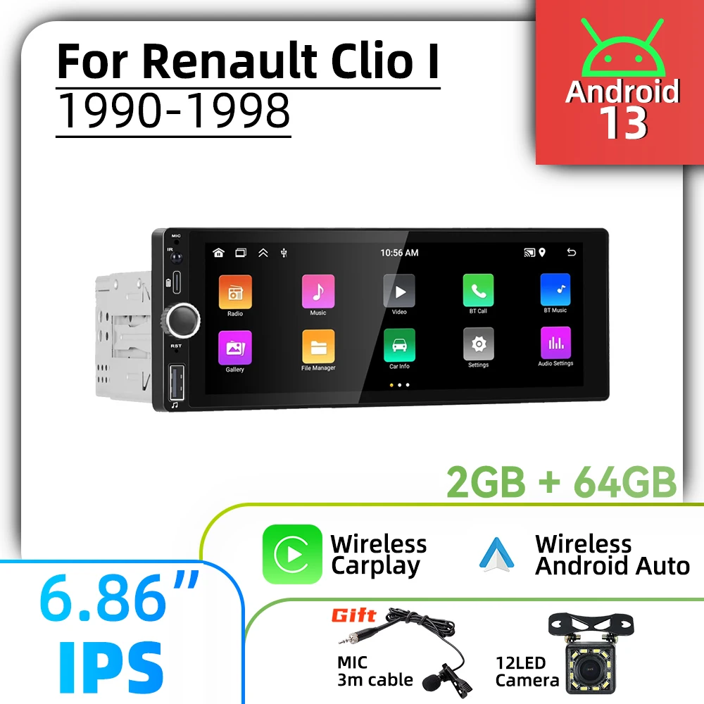 

Автомобильный радиоприемник с 1 Din, Android для Renault Clio I 1990-1998 годов, 6,86 дюйма, стереоэкран Carplay, Android, мультимедиа, GPS, BT, WIFI