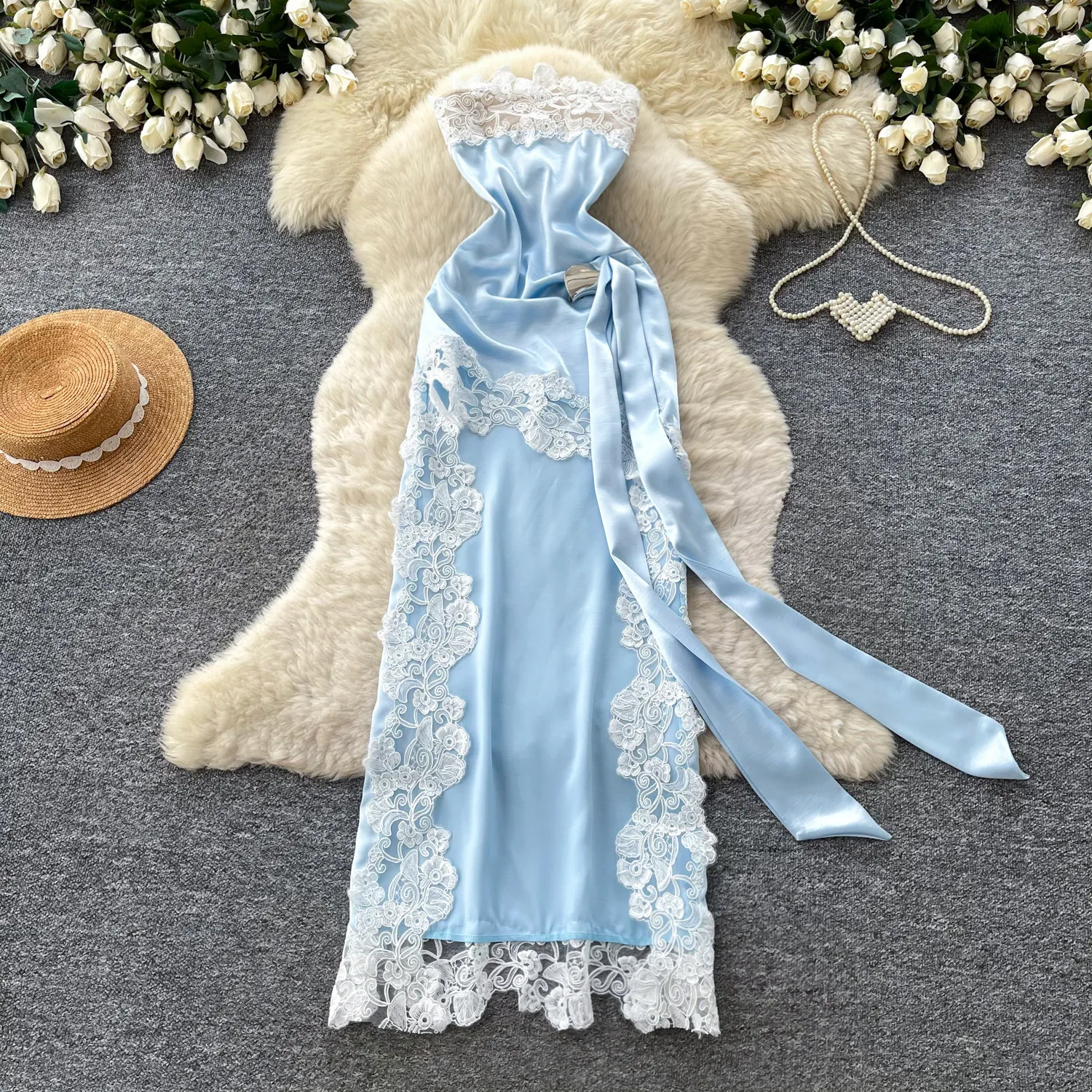 Elegant Bandeau Dress Women Socialite Birthday Gown Heavy Lace Patchwork Imitation Acetate Satin Ribbon Vacation Trailing Dress