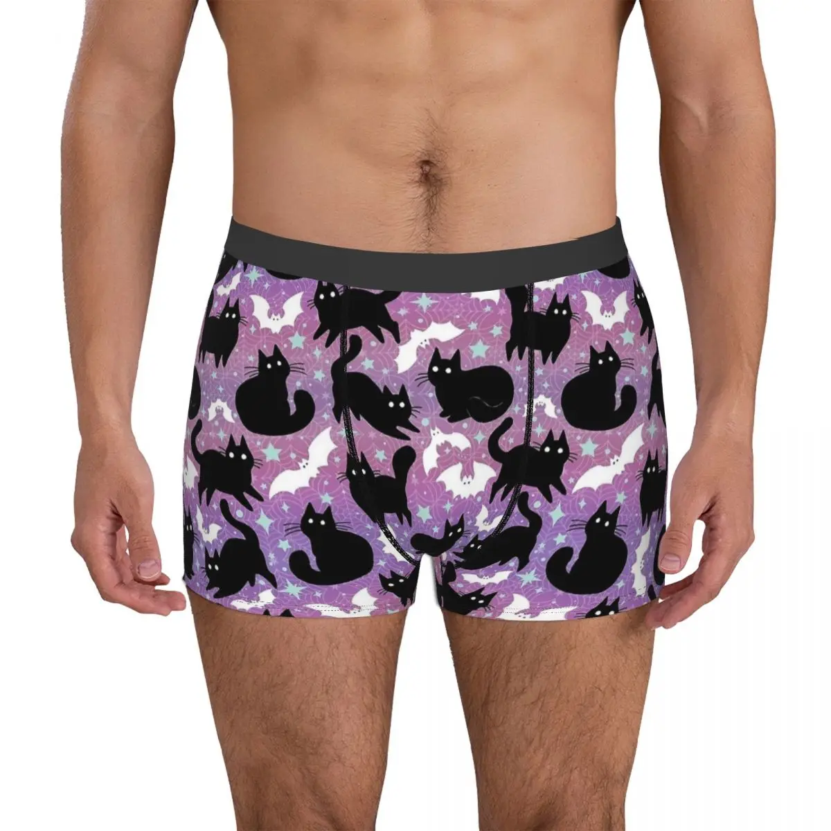 Shorts boxer de Halloween masculino com gatos pretos, roupa íntima longa, cueca macia, calcinha fofa, humor