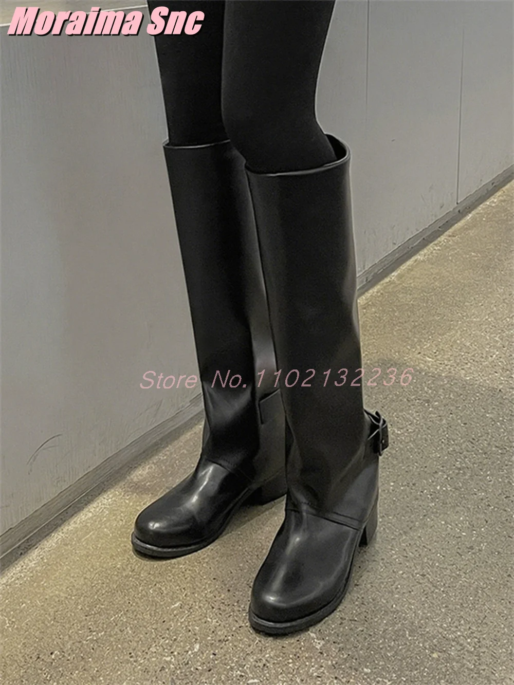 

2025 New Fashion Belt Buckle Knee High Boots Round Toe Block Chunky Heel Slip On Sexy Women's Long Modern Boots Autumn Winter