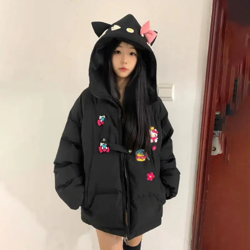 Cute Hello Kittys Girls Bow Padded Jackets Winter Cotton Clothes Women Fashion Hooded Jackets Loose Thicken Female Warm Outwear