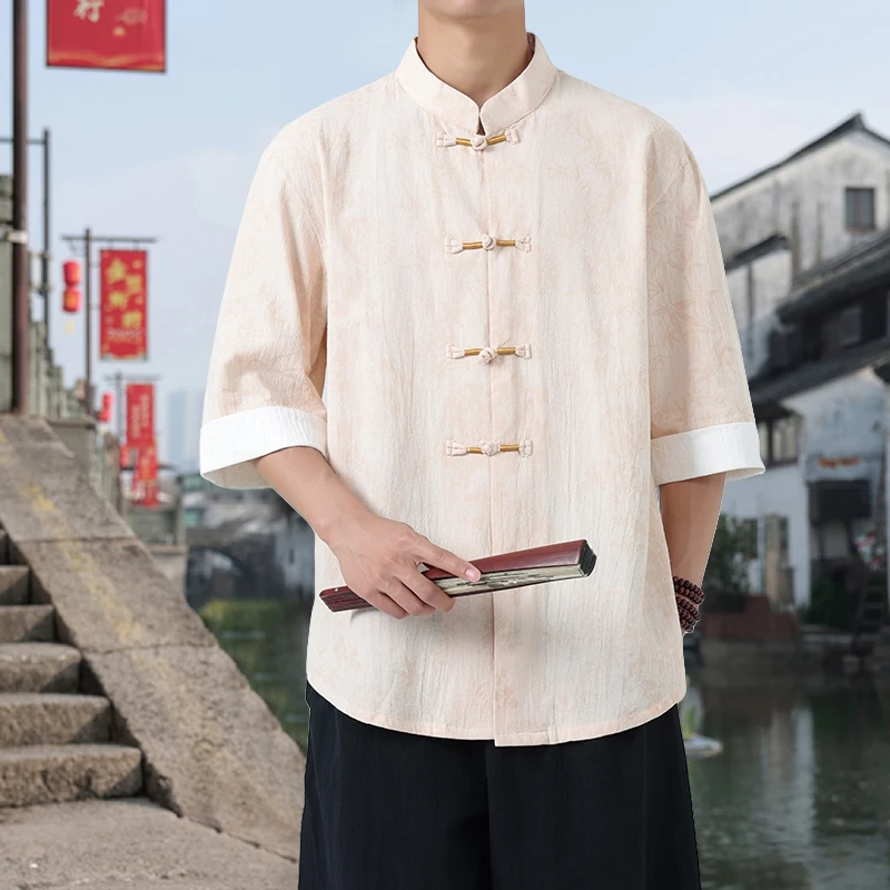 Men's Summer Chinese Style Floral Printed Shirt Lightweight Mandarin Collar Top with Oriental Design for Casual Cultural Wear