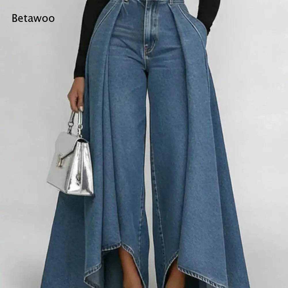 Ladies Mid Rise Button Denim Pants Outer Flared Panel Design Side Pocket Loose Wide Leg Jeans Elegant Streetwear Long Pants