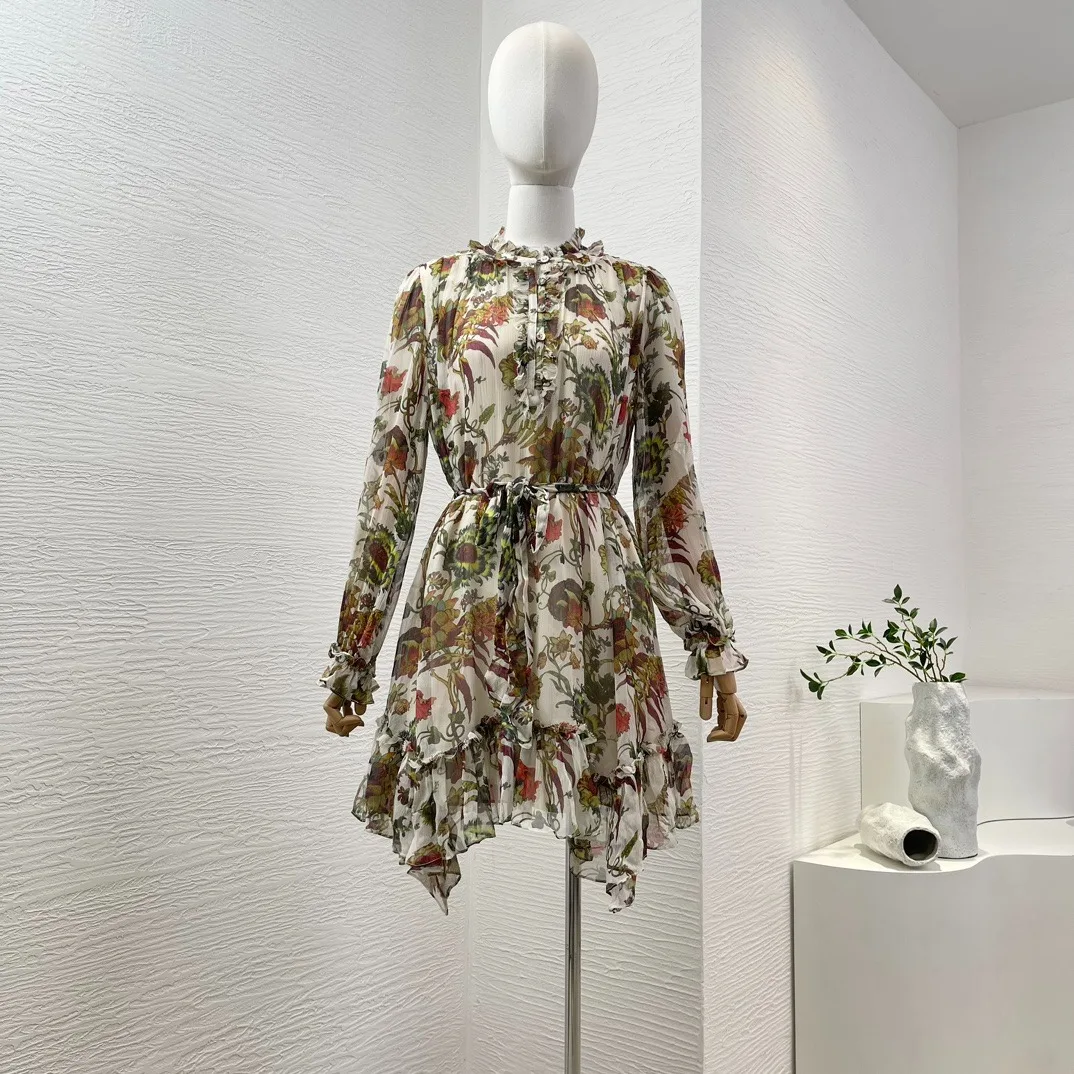 

Pure Silk 2024 New Summer Flower Color Floral Print Ruffles Long Butterfly Sleeve Ruched Hem Self Tie Bow Vintage Mini Dress