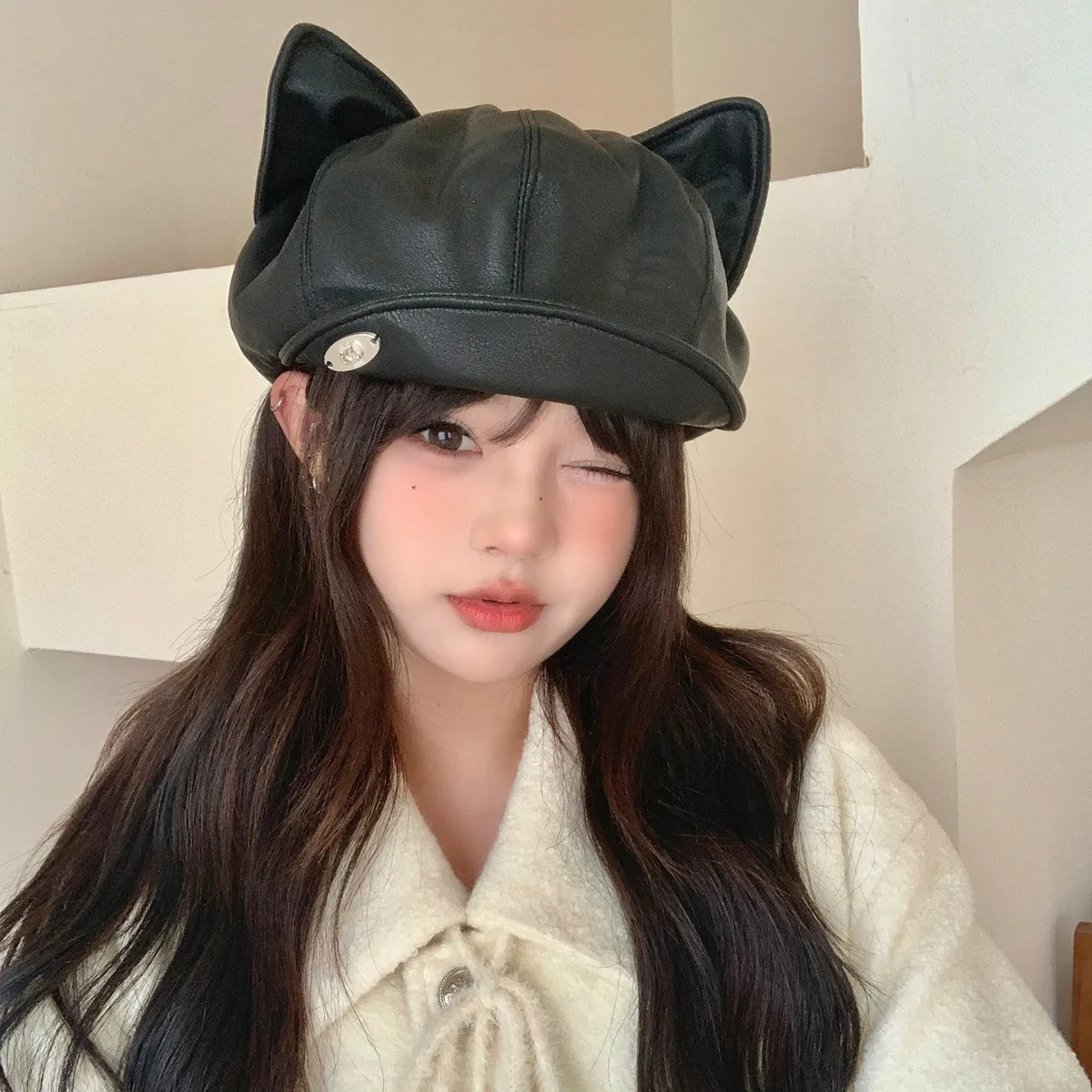 Милый мультяшный берет с кошачьими ушками, берет из искусственной кожи в форме хлеба, детский маленький художественный показ, маленькая шляпа художника с облаком, 4m789