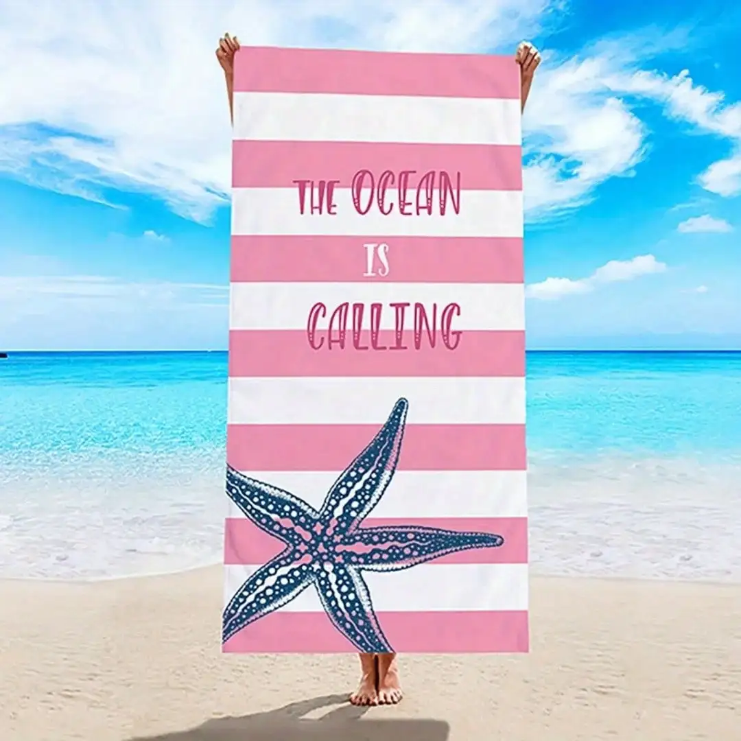 1 Piece Pink and White Striped Beach Towel with Starfish Design - Soft Microfiber, Washable, the Ocean Is Calling! Text Beach, P