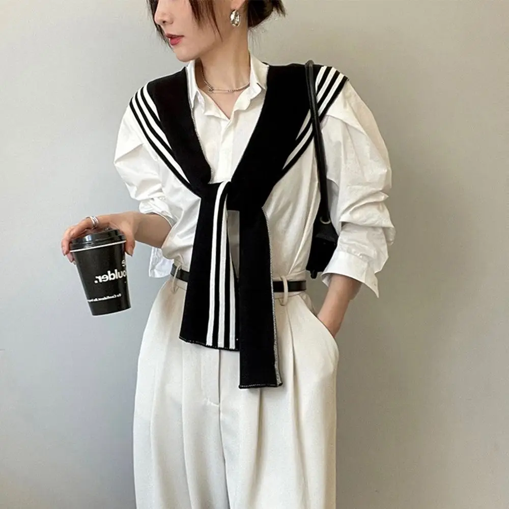 Elegant Blouse Shoulders Fake Collar Knitted Shawl Solid Color Cape Black White Stripe Scarf Cloak Wraps Wool Scarves Female