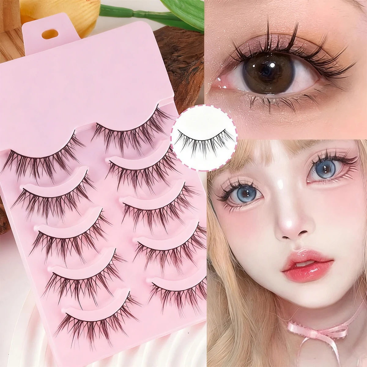 Ciglia Manga stile coreano 5 paia Ciglia finte lunghe naturali morbide Ciglia a strisce sottili per il trucco quotidiano