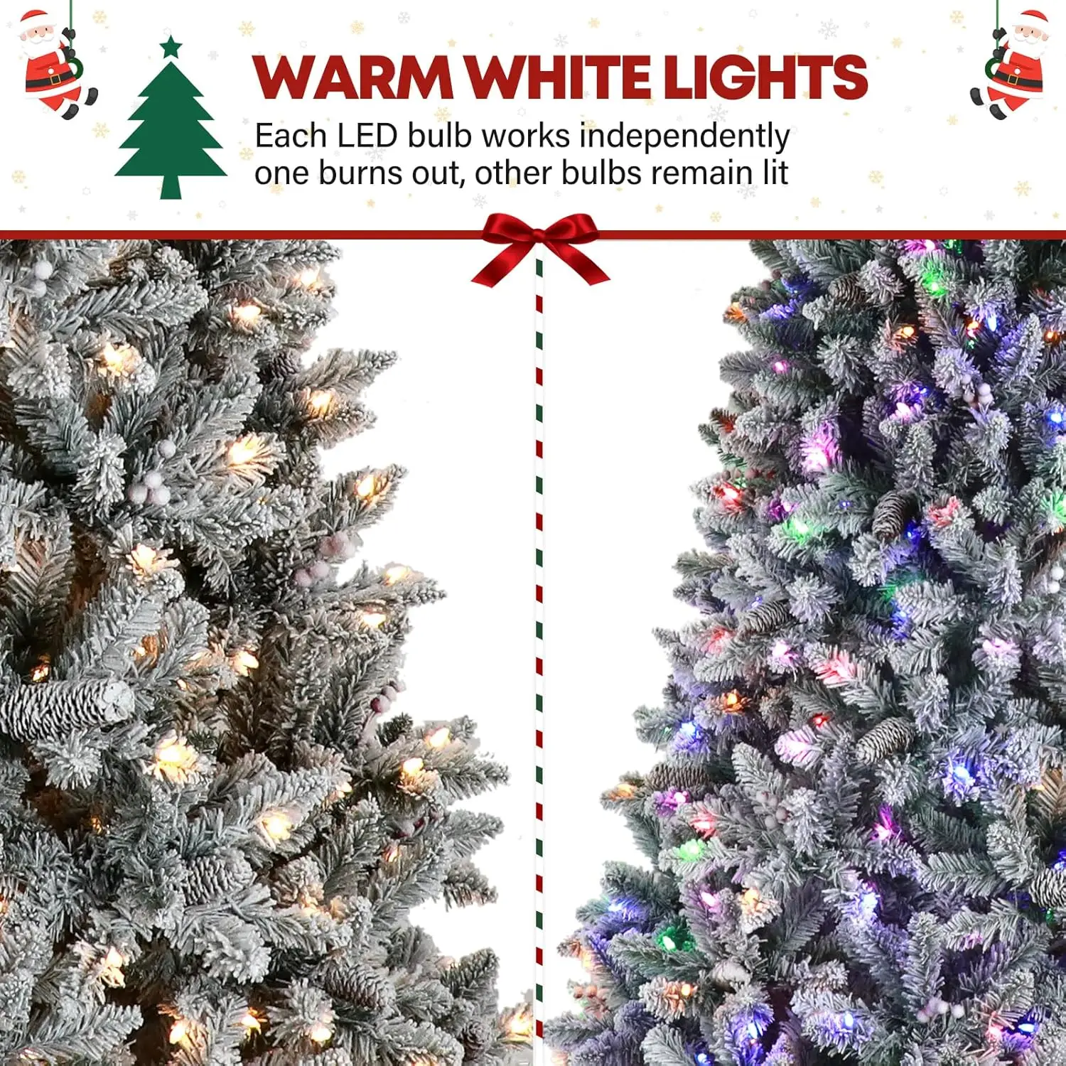 9ft Prelit Snow Flocked Christmas Tree with 600 Multicolor LED Lights, Artificial Christmas Tree with Pine Cones and Berrie