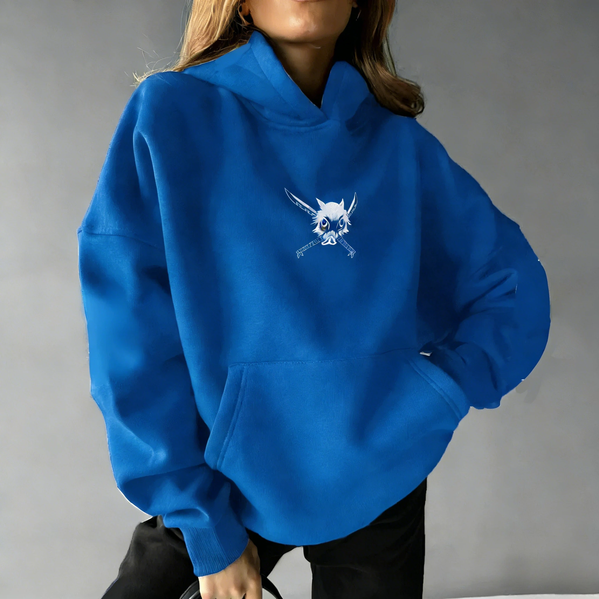 Demon Slayer Anime katoenen hoodie blauwe kleur karakterprint met Inosuke Hashibira zwijnmaskerpatroon en paarse bliksem