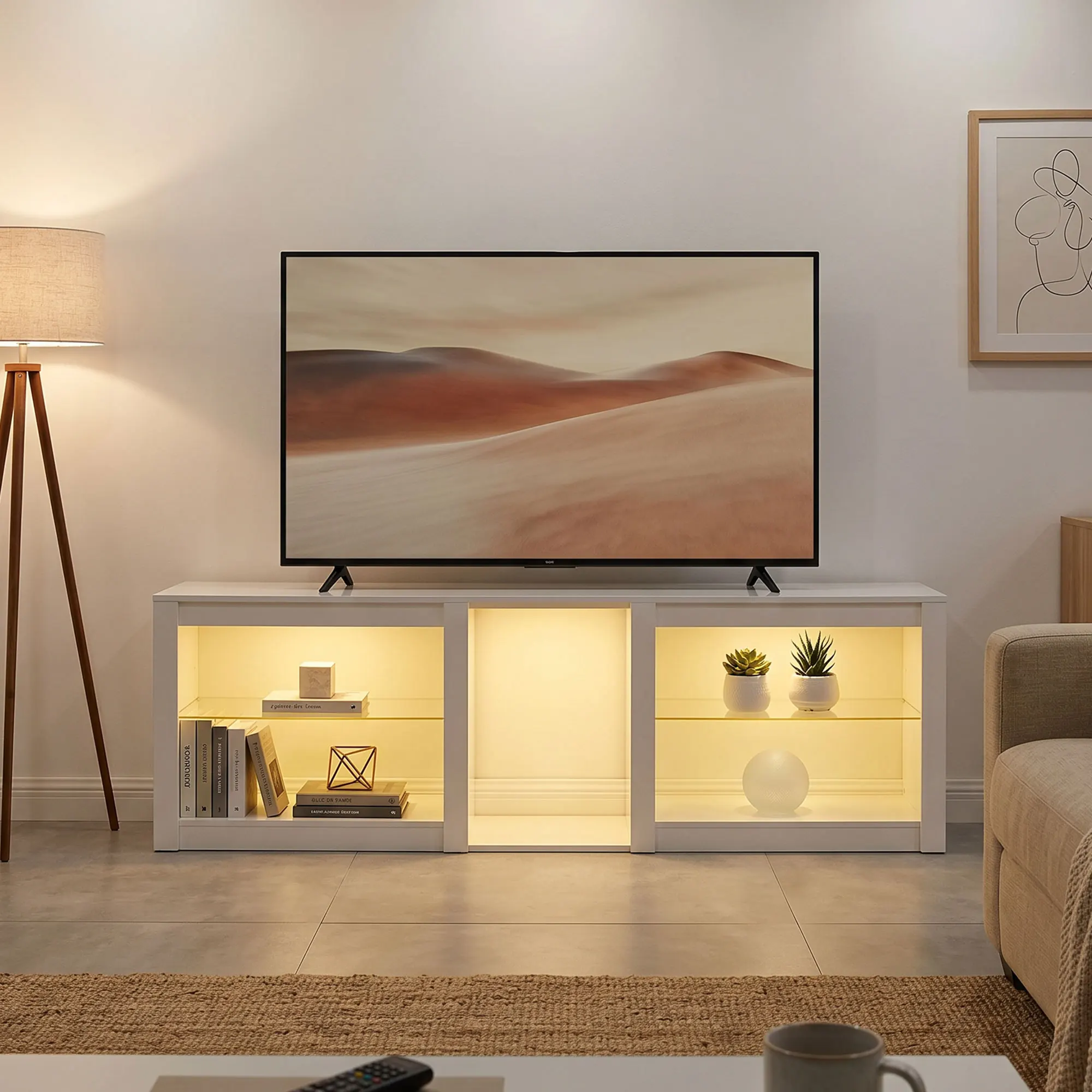 Meuble TV bas avec éclairage LED RVB, meuble TV moderne avec étagère en verre réglable, adapté aux téléviseurs jusqu'à 75 pouces, blanc