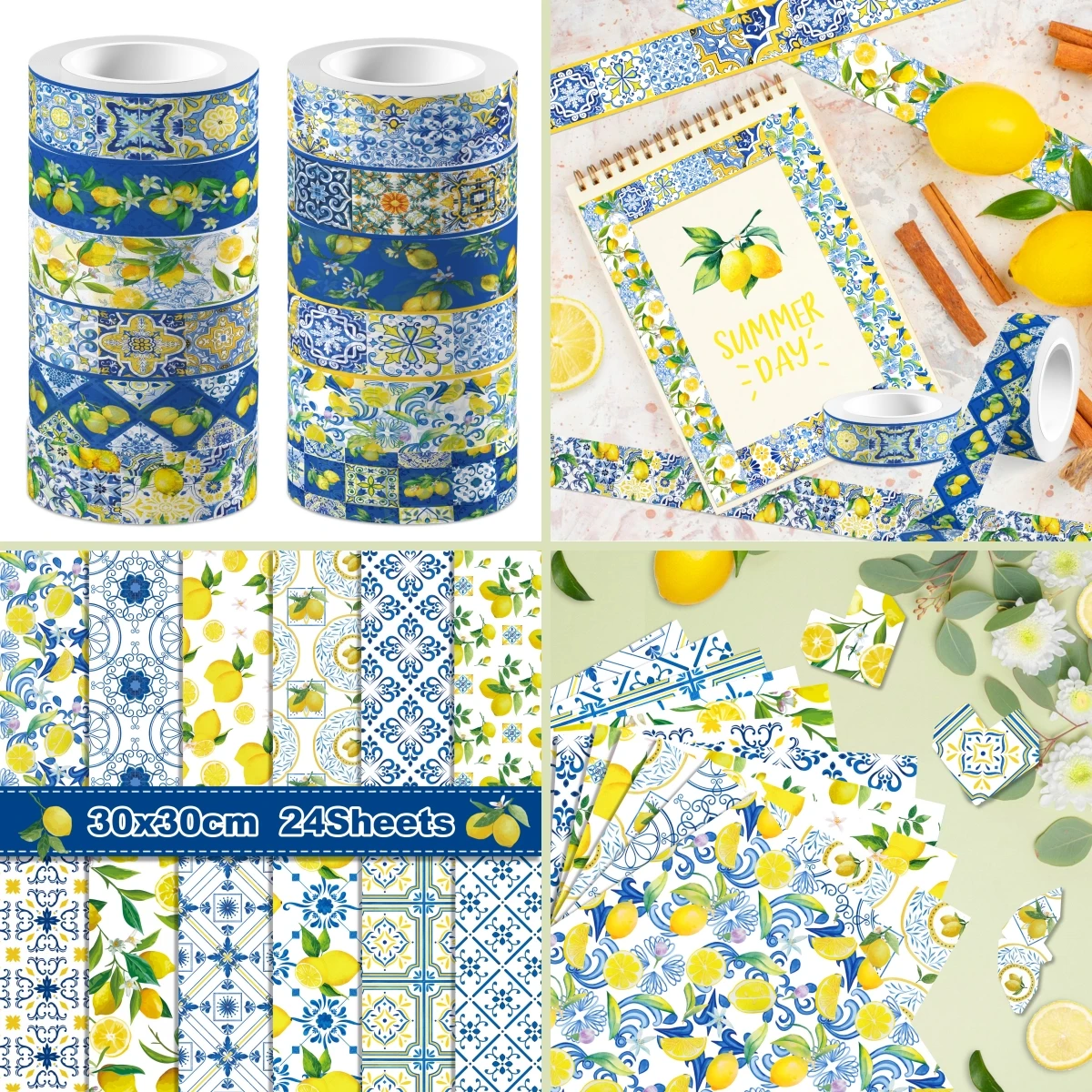 Chinese Style Blue and White Porcelain Lemon Theme Washi Tape and Scrapbooking Paper Origami Art Background Paper Card DIY Craft