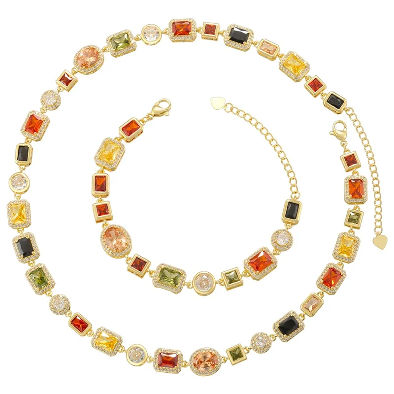 

ZHUKOU 18K Golden Plated Spliced Colorful CZ Gemstone Bracelet Necklace With Hip Hop Style Unisex Couple Jewelry：VL561 VL562