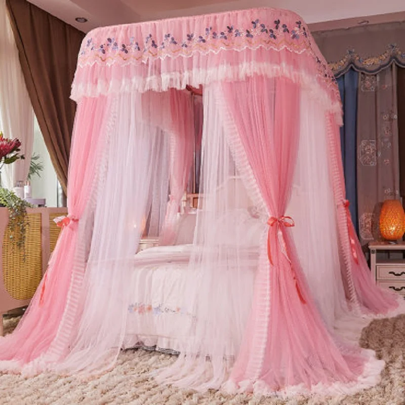 

Luxury Pink Yarn Mosquito Net Bed Curtain Household Bedroom No Sliding Track Princess Bed Curtain Repellent Double-layer Shading