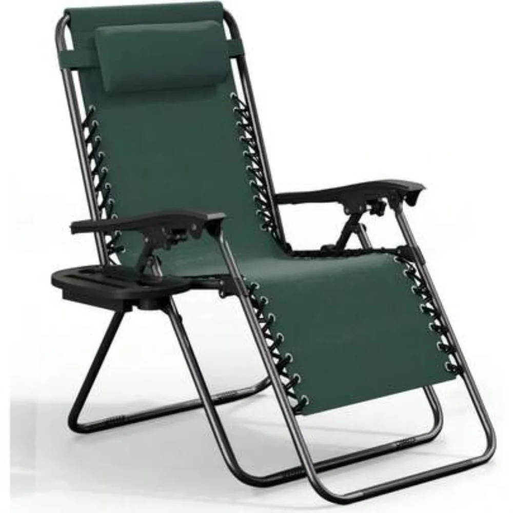 Adjustable Folding Outdoor Lounge Chair with Pillows Cup Holder Trays, Portable Steel Patio Lawn Chair for Beach Pool Deck Camping, Forest Green, 1 Pack, Heavy Duty Support, Ergonomic Reclining Positions