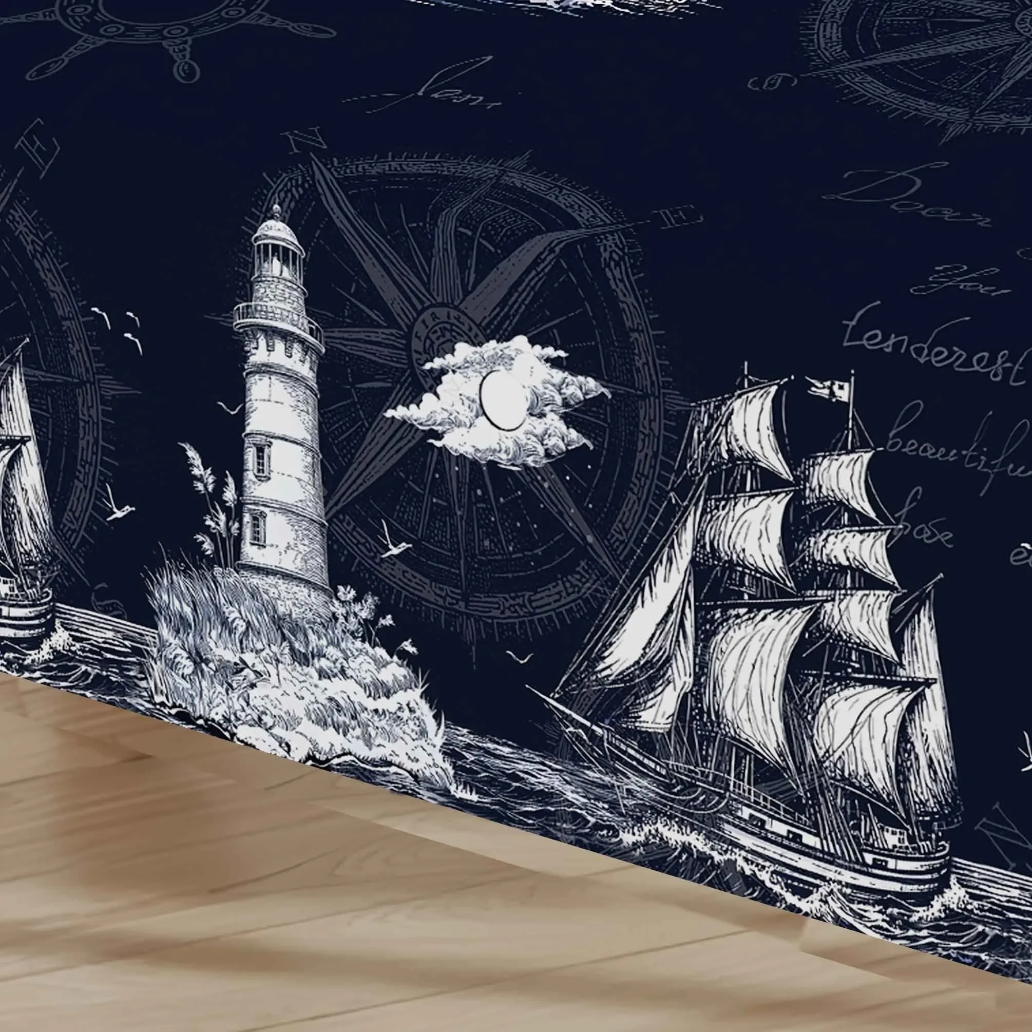One 2D printed nautical-themed tablecloth in navy blue, featuring patterns of sailing ships, lighthouses, anchors yzb